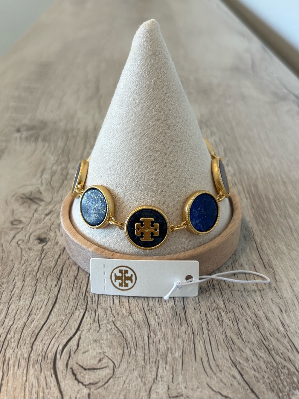 Tory Burch Gold-Tone Blue Lapis Panel Logo Bracelet